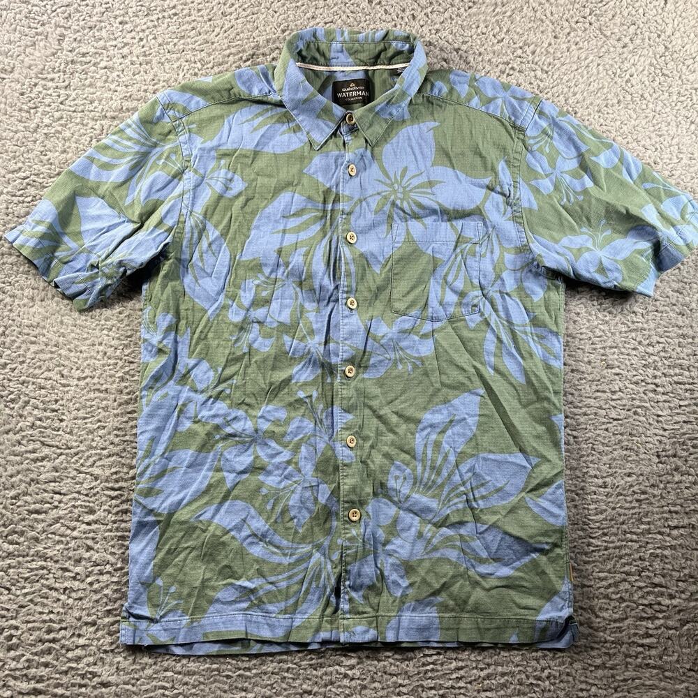 Quiksilver Waterman Collection Short Sleeve Shirt Men's Medium Green Blue Floral